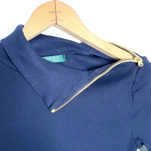Lauren Ralph Lauren | Navy Blue Ribbed Turtleneck With Gold Zipper - Picture 7 of 9